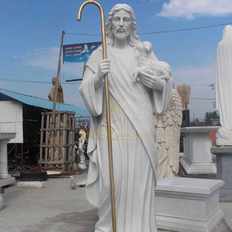 Hand Carved Religious Sculpture Jesus With Lamb Statue