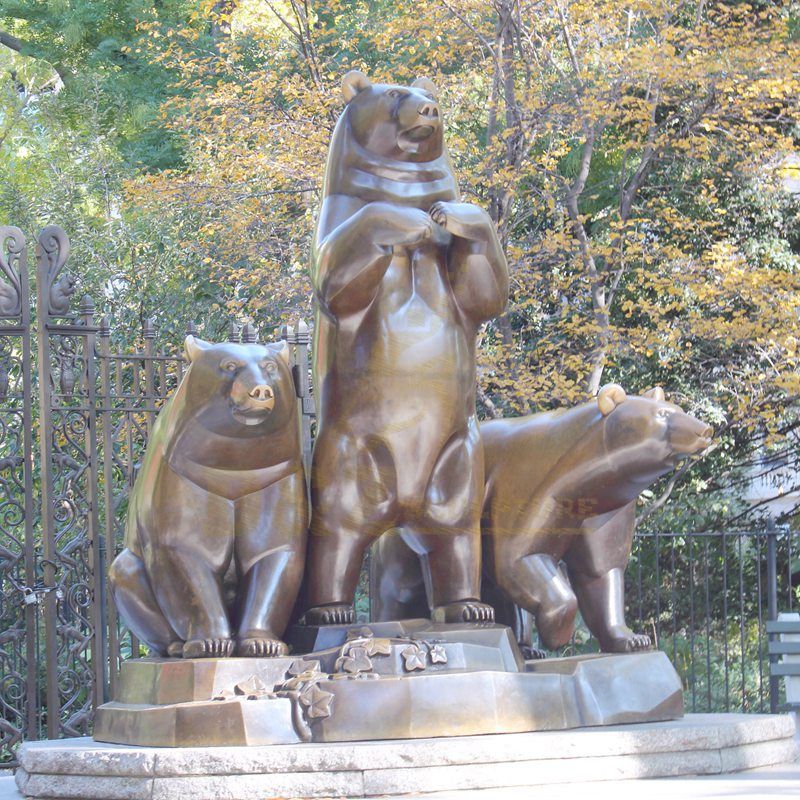 Antique Bronze Black Bear Standing Sculpture With Fish Statue