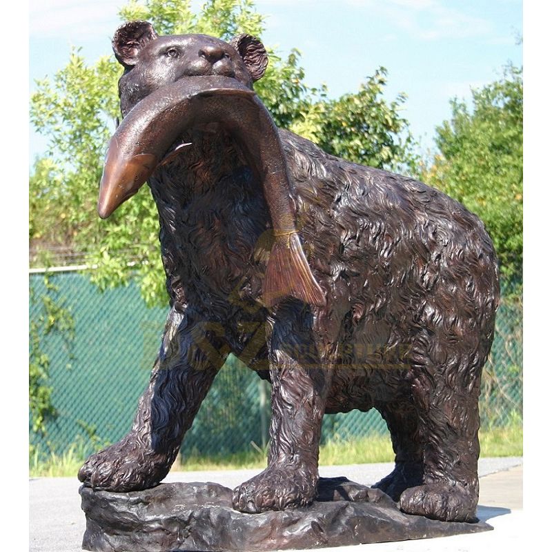 Antique Bronze Black Bear Standing Sculpture With Fish Statue