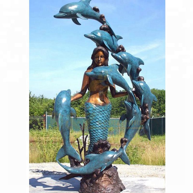 Outdoor Garden Decdorative Large Life Size Brass Bronze Dolphin Sculpture with a Beautiful Lady Statue