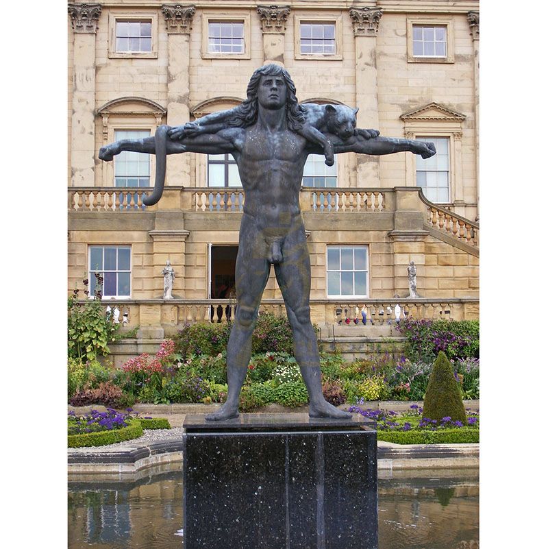 Garden Art Animal Sculpture Bronze Leopard Sculpture With Roman Nude Man Statue