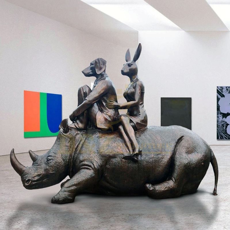 Custom Bronze Rhino Statue and Dog Man Rabbit Lady Sculpture