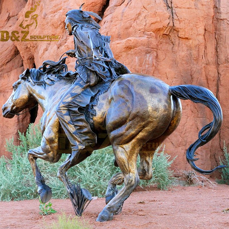 Life-size outdoor bronze man riding horse statue garden decoration