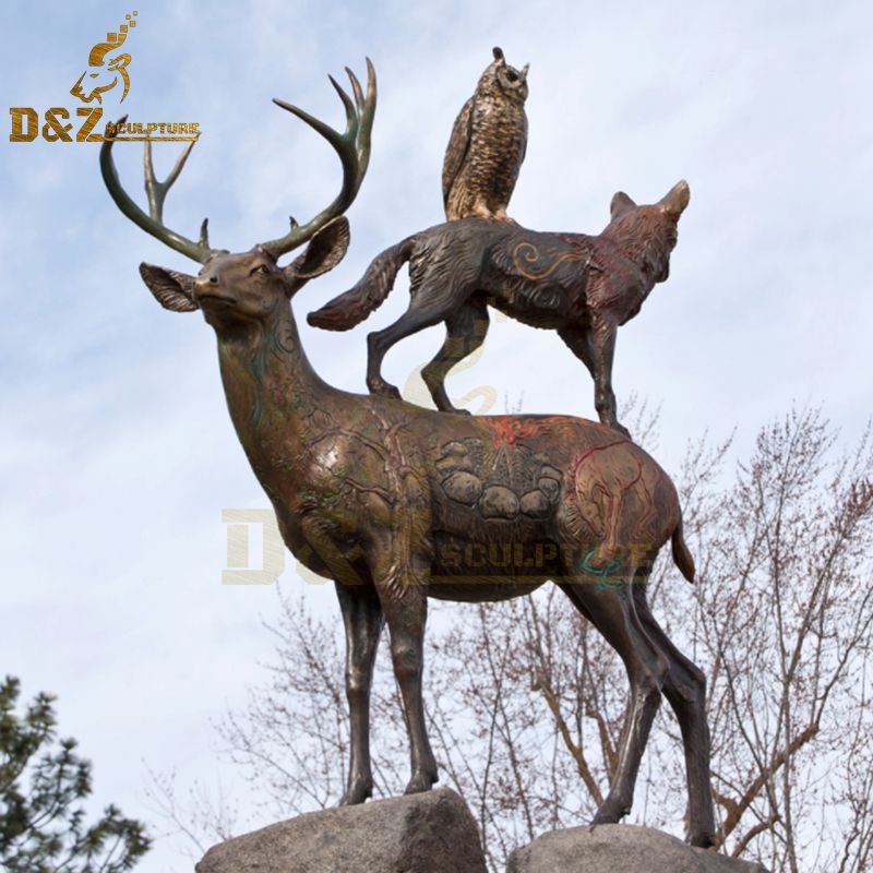 Hot sale life-size deer sculpture with monkey owl sculpture on the back