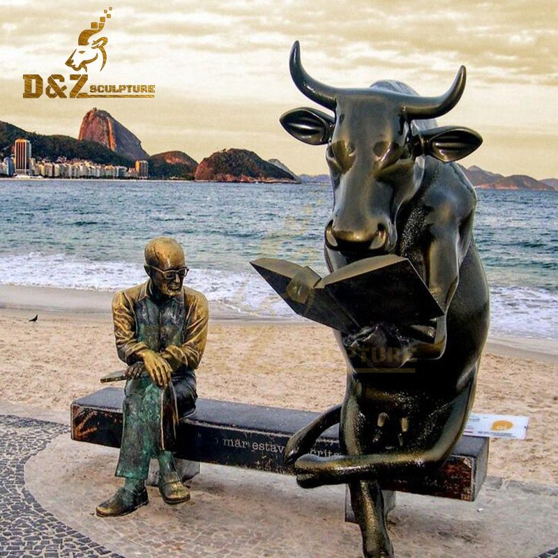 New Desgin Garden Decoration Bronze Bull Reading Book Sitting With Old Man