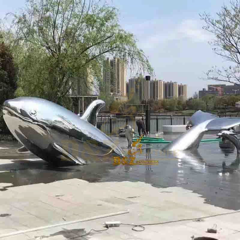 Urban modern street plaza decoration polished mirror effect stainless steel whale statue for sale