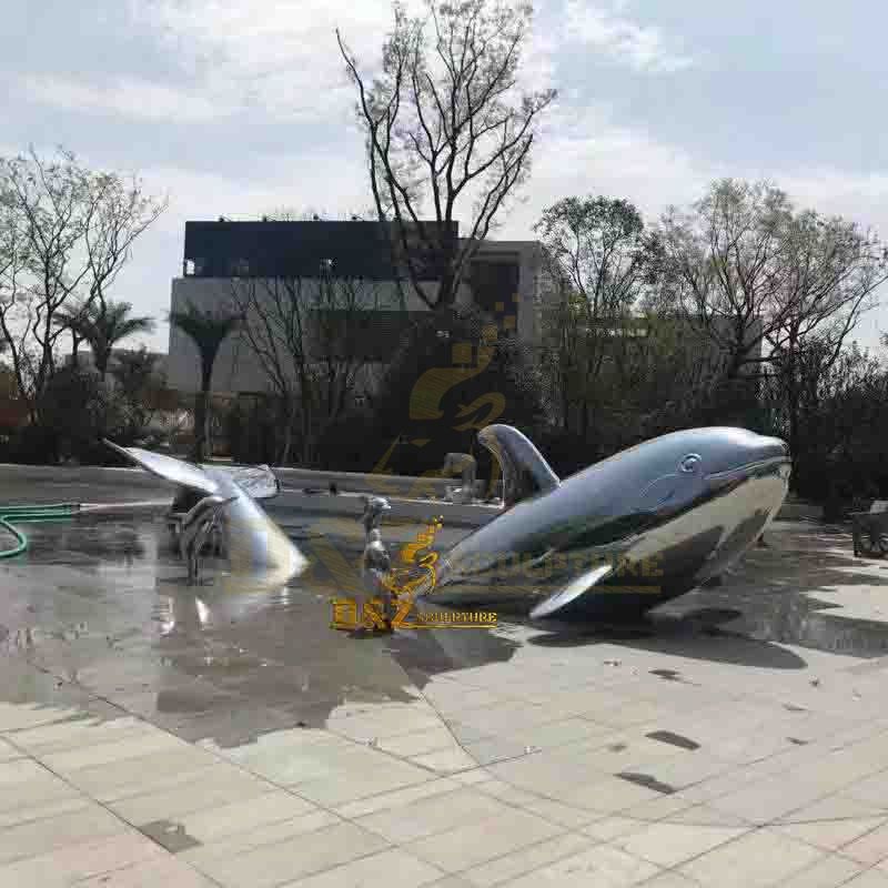 Urban modern street plaza decoration polished mirror effect stainless steel whale statue for sale